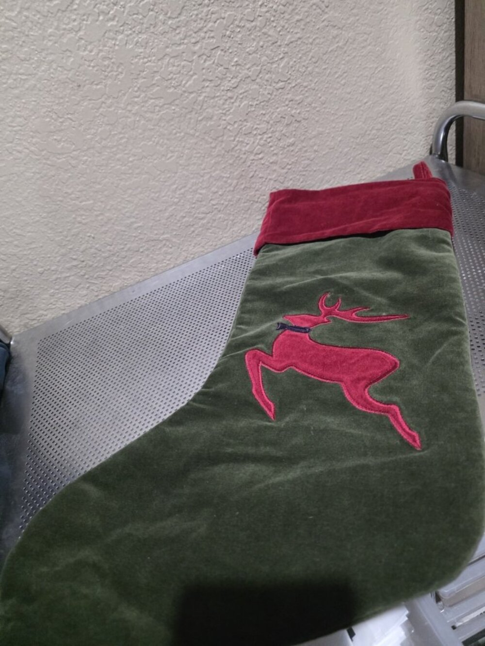 Pottery Barn Christmas Holiday Stocking Velvet Reindeer Green Red